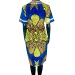 (M/L) Blue & Yellow Women African Print Fitted Dress w/ Ivory Chest Embroidery - Image 6