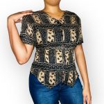 (Large) Vintage Black & Brown V-Neck Button Down Tribal Print Women Blouse/Shirt