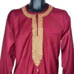 (Large) Maroon Nigerian Senator Style African Men Long Shirt w/ Gold Embroidery - Image 3