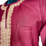 (Large) Maroon Nigerian Senator Style African Men Long Shirt w/ Gold Embroidery - Image 5