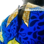(M/L) Blue & Yellow Women African Print Fitted Dress w/ Ivory Chest Embroidery - Image 7