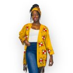 (One Size) Vintage African Yellow Embroidered Women Cardigan & Head Scarf Set