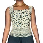 (XL) Vintage Square Neckline Beige & Black Animal Print Women Blouse - Image 5