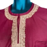 (Large) Maroon Nigerian Senator Style African Men Long Shirt w/ Gold Embroidery - Image 4