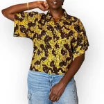 Yellow & Brown African Print Women Collar Shirt Blouse