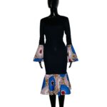 (One Size) Stretchy Fitted Black African Midi Dress w/ Multi Colored Ankara Print Detail