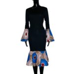 (One Size) Stretchy Fitted Black African Midi Dress w/ Multi Colored Ankara Print Detail - Image 3
