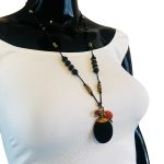 Black & Gold Beaded Long Necklace w/ Oval Shaped Pendent - Image 3