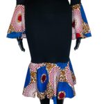 (One Size) Stretchy Fitted Black African Midi Dress w/ Multi Colored Ankara Print Detail - Image 4