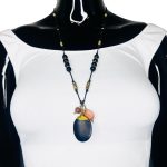 Black & Gold Beaded Long Necklace w/ Oval Shaped Pendent - Image 2