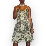(M/L) Ivory & Black Tribal Print Women Flowing Midi Dress ￼