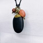 Black & Gold Beaded Long Necklace w/ Oval Shaped Pendent - Image 6