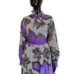 Purple, Black, & White Women African Print Bowtie Flowing Dress ￼ - Image 4