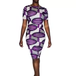(M/L) African Print Purple Fitted Stretchy Midi Dress w/Black & White Patterns