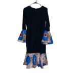 (One Size) Stretchy Fitted Black African Midi Dress w/ Multi Colored Ankara Print Detail - Image 2