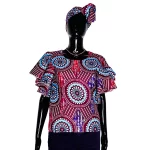 African Print Women Multicolored Butterfly Sleeve Blouse w/ Scarf