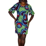 (XL) Green & Blue African Prints Women Flair Sleeve Dress