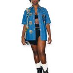 Vintage African Print Patched Embroidered Women Blue Jean Collar Shirt