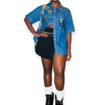 Vintage African Print Patched Embroidered Women Blue Jean Collar Shirt - Image 2