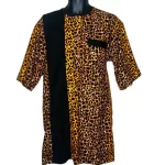 (XL) African Men Brown & Yellow Animal Print Top/ Shirt w/ Black Embroidered Detail