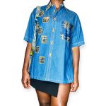 Vintage African Print Patched Embroidered Women Blue Jean Collar Shirt - Image 3