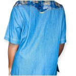 Vintage African Print Patched Embroidered Women Blue Jean Collar Shirt - Image 4