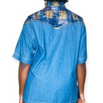 Vintage African Print Patched Embroidered Women Blue Jean Collar Shirt - Image 5