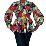(2XL) Multi Color African Print Women Bowtie Flair Out Blouse