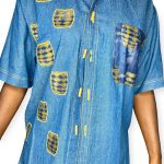 Vintage African Print Patched Embroidered Women Blue Jean Collar Shirt - Image 6