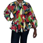 (2XL) Multi Color African Print Women Bowtie Flair Out Blouse - Image 2