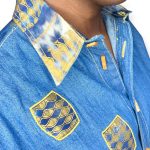 Vintage African Print Patched Embroidered Women Blue Jean Collar Shirt - Image 8