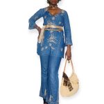 (Medium) Vintage Blue Jean Two Piece Women Blouse & Pant w/ Tan Embroidery - Image 2