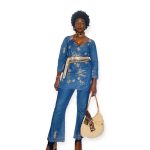 (Medium) Vintage Blue Jean Two Piece Women Blouse & Pant w/ Tan Embroidery