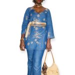 (Medium) Vintage Blue Jean Two Piece Women Blouse & Pant w/ Tan Embroidery - Image 3