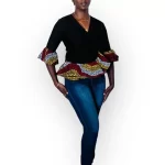 (One Size) Black Wrapper Blouse with Multicolor Flair Out Boarder & Sleeve - Image 2