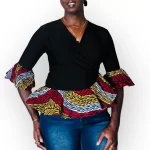 (One Size) Black Wrapper Blouse with Multicolor Flair Out Boarder & Sleeve - Image 3
