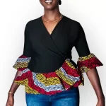 (One Size) Black Wrapper Blouse with Multicolor Flair Out Boarder & Sleeve - Image 4