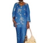 (Medium) Vintage Blue Jean Two Piece Women Blouse & Pant w/ Tan Embroidery - Image 5
