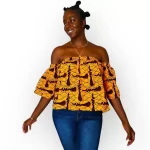 (Medium/Large) Orange African Print Off The Shoulder Blouse w/ Touched of Maroon