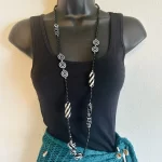 Black And White Beaded, Tribal, Abstract Design, Long Necklace B