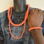 2 Necklaces & 1 Bracelet African Nigerian Artificial Orange Coral Bead