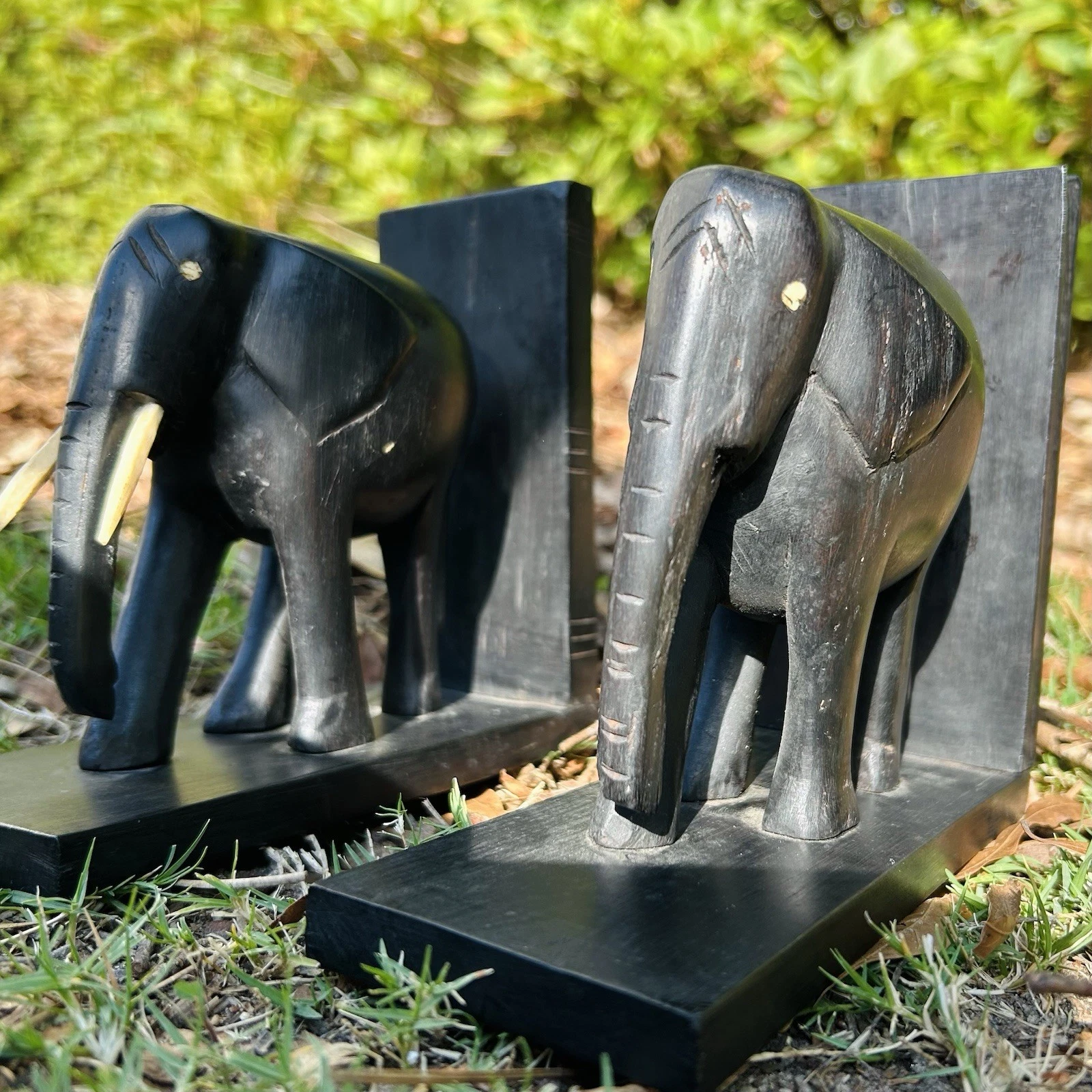 s-l1600 African Tanzanian Black 2 Pair Wooden Elephant Book Stoppers - Image 1