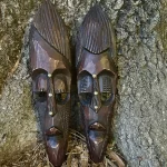 2 Pair African Wooden Dark Brown Mask Decoration