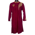 (Large) Middle Eastern Style Kurta Maroon Long Top with Gold Embroidery Detail