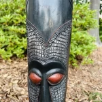 Large African Ghana Brown Wooden Mask Statue w/ Metal Detail - Image 3