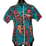 Turquoise African Print Collar Shirt w/ Multicolored Designs