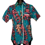 Turquoise African Print Collar Shirt w/ Multicolored Designs - Image 2