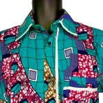 Turquoise African Print Collar Shirt w/ Multicolored Designs - Image 3