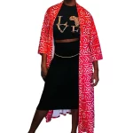African Tribal, Print, Red And White Women Long Duster - Image 2