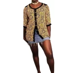 African Yellow/Orange & Black Tribal Print Vintage Blouse w/ Shell Embroidery ￼ - Image 2